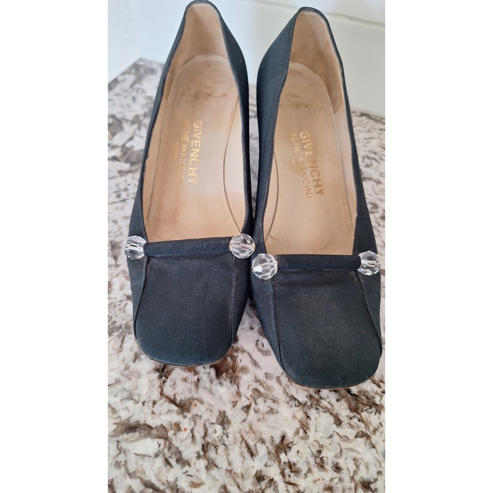 Givenchy Rene Mancini Black Satin Crystal Accent Square Toe Block Heel Pumps 5.5